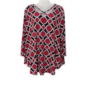 Chico’s Red Black Geometric 3/4 Sleeve Top Size 2/Large Criss Cross Neck Classic